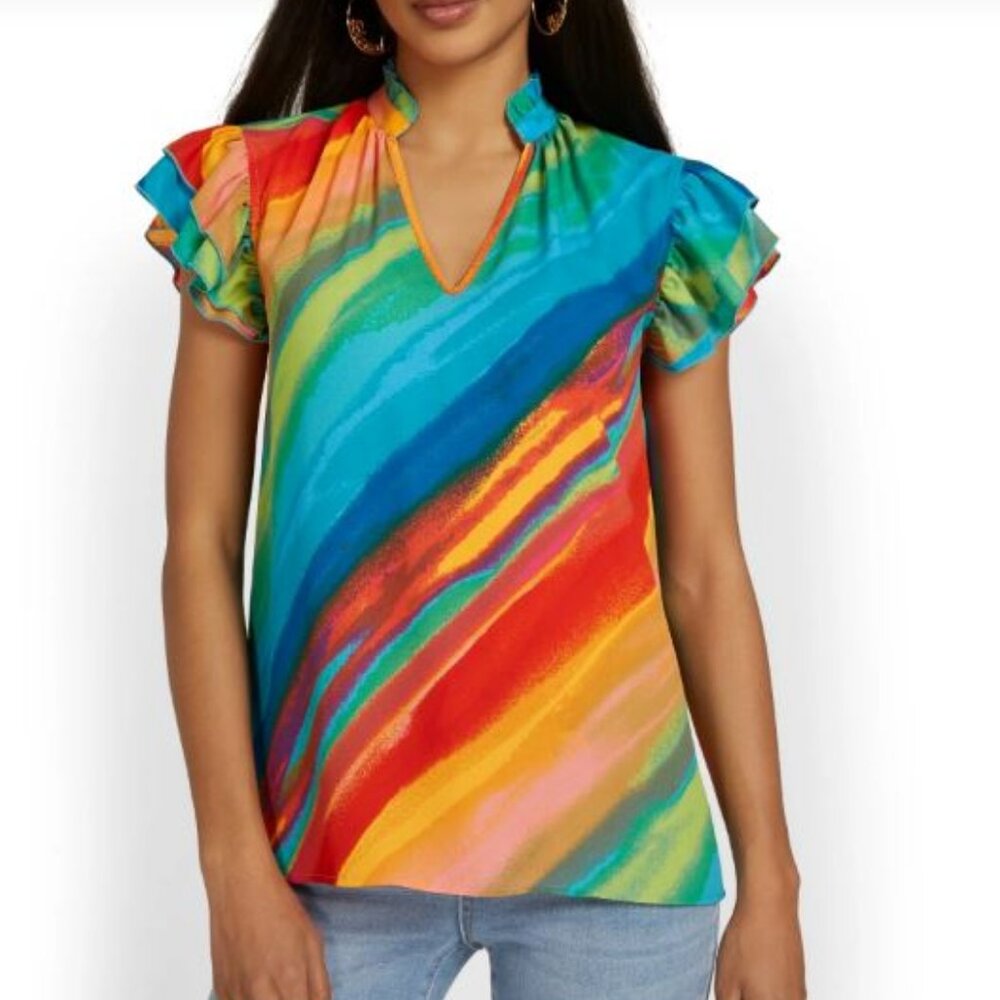 New York and Co. Multi Color Ruffle Sleeve Blouse Sz Large